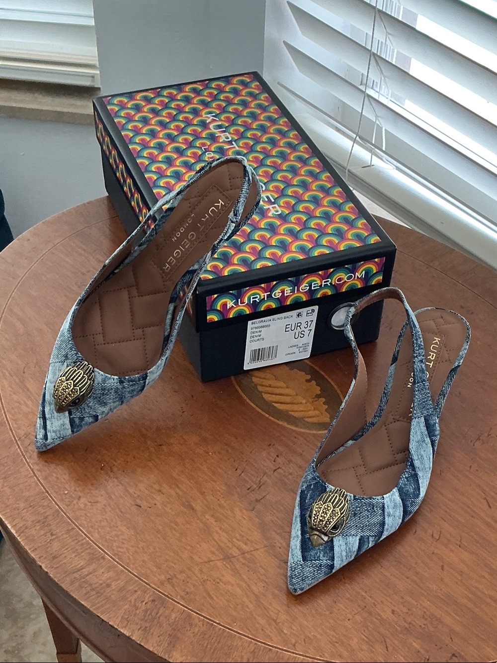 Kurt Geiger Denim Patchwork Pointed Slingback Flats with Gold Emblem